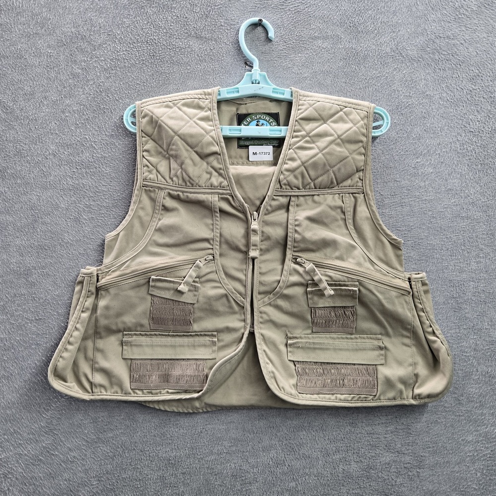 Master Sportsman Men Vest L Khaki Canvas Outdoor Patch Utility Fishing